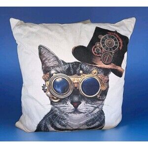 SteamPunk Cat Throw Pillow 12x12 New Decorative